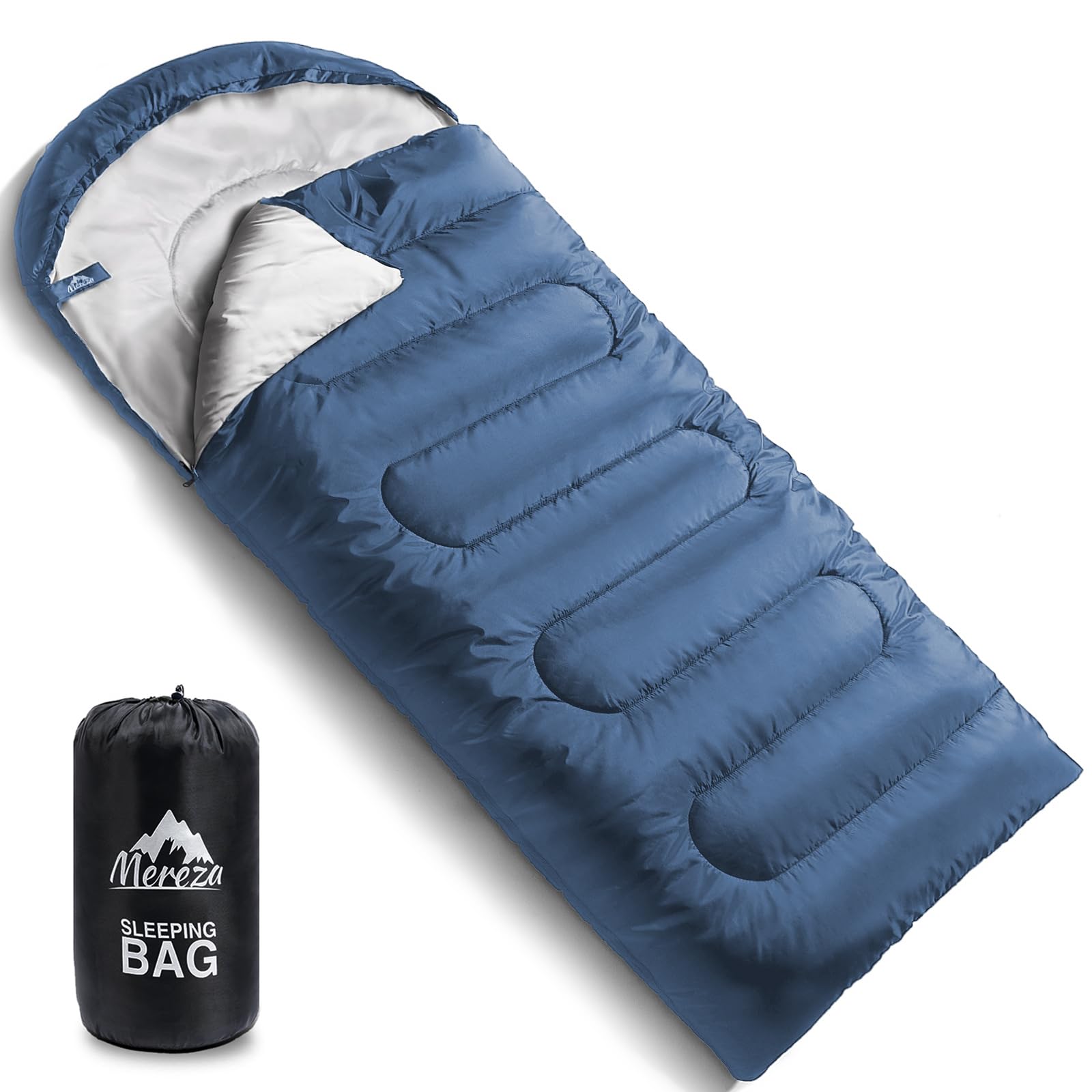 MEREZA Sacos de dormir de camping para adultos y hombres, 4 estaciones, para clima cálido y frío, saco de dormir ligero con saco de compresión, color azul Yale