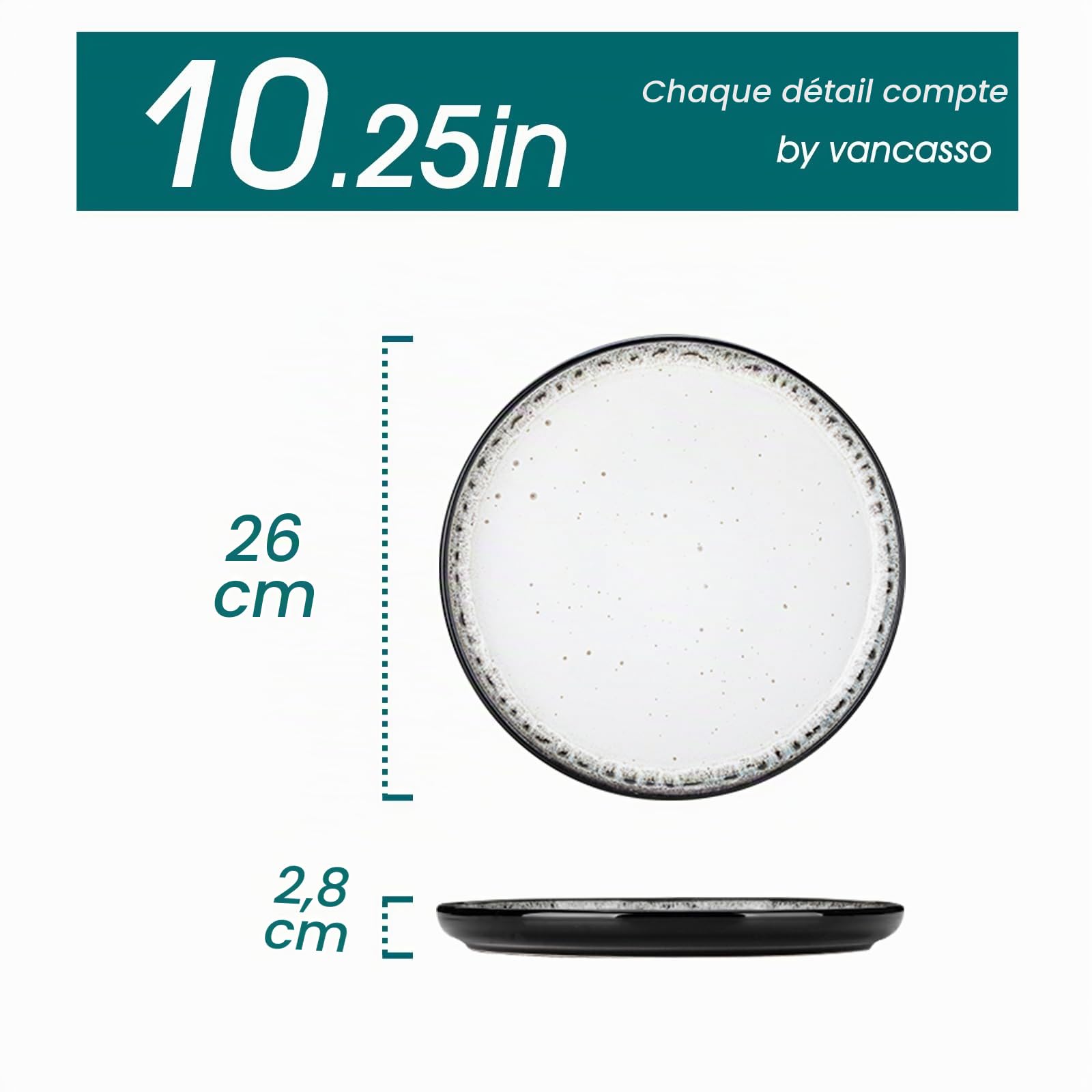 vancasso Série PLAYA Lot de 6 Assiettes Plates en Porcelaine 26 cm - Va au Micro-Ondes, Four et Lave-Vaisselle - Blanc Céramique Émaillé, Design Élégant et Résistant