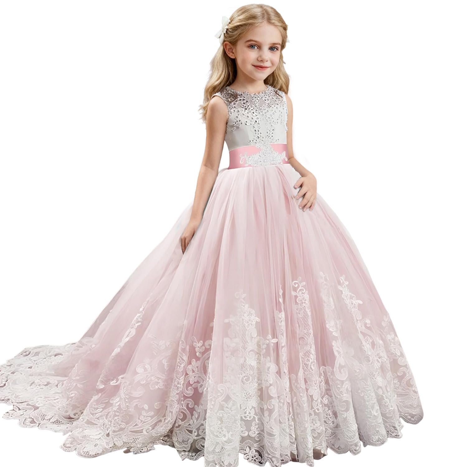 Discoball Vestido de lentejuelas y tul, incluye pañuelo de tul de flores, ideal para una boda o un baile, tallas para edades entre 2 y 12 años, color azul o rosa