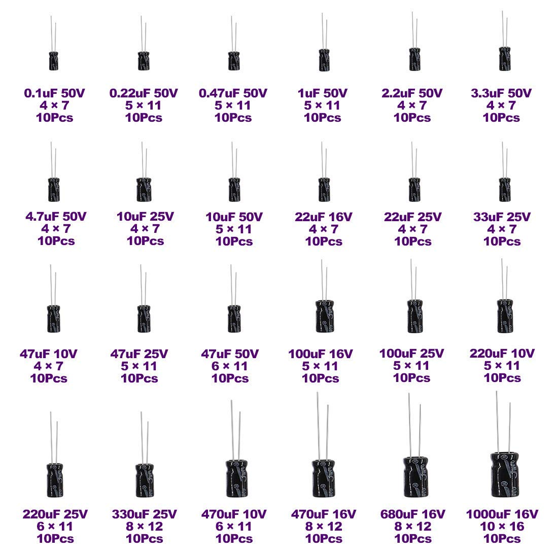 Kit surtido de condensadores electrolíticos de aluminio en línea de 24 valores, de 0,1 uF a 1000 uF, 10 V, 16 V, 25 V y 50 V.
