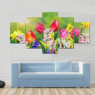 IOOIO 5 Pezzi Stampa su Tela XXL Immagini Murale Tulipani dei narcisi dei Fiori della Primavera 5 Parete Stampe E Quadri su Tela Moderni Soggiorno Parete Poster HD Decorazioni