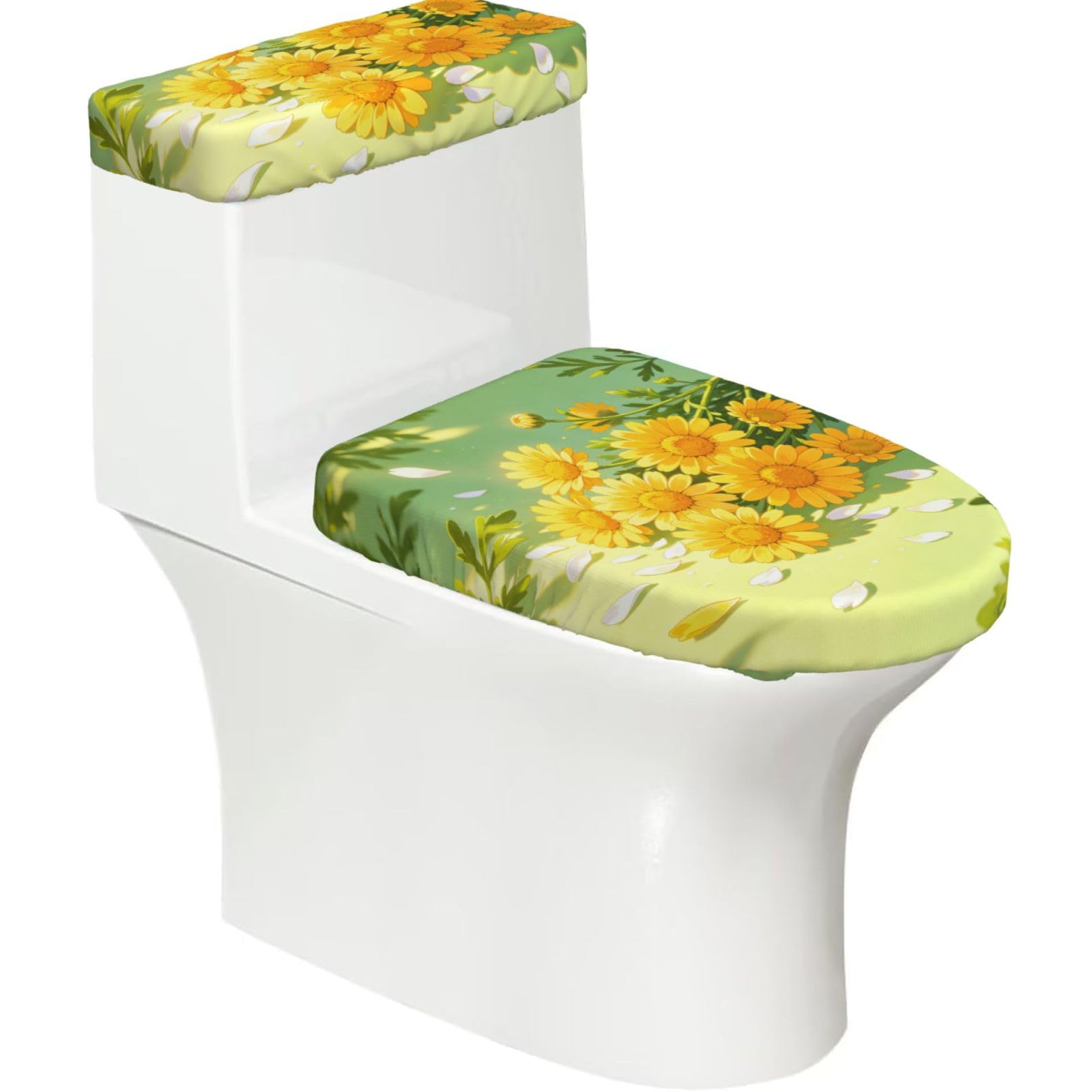 Yellow Daisy Pattern Elastic Toilet Cover Set of 2-Stretchy Lid and Tank Covers for Bathroom, Soft Washable U Shape Toilet Decor