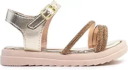 Sandália Infantil Papete com Tiras de Strass, Rosa e Dourado, Sola Leve Macio, Confortável
