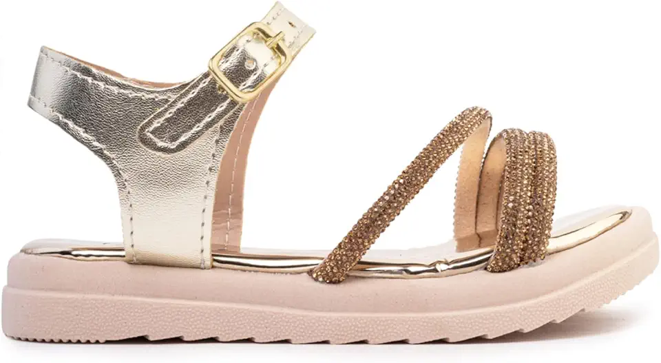 Sandália Infantil Papete com Tiras de Strass, Rosa e Dourado, Sola Leve Macio, Confortável