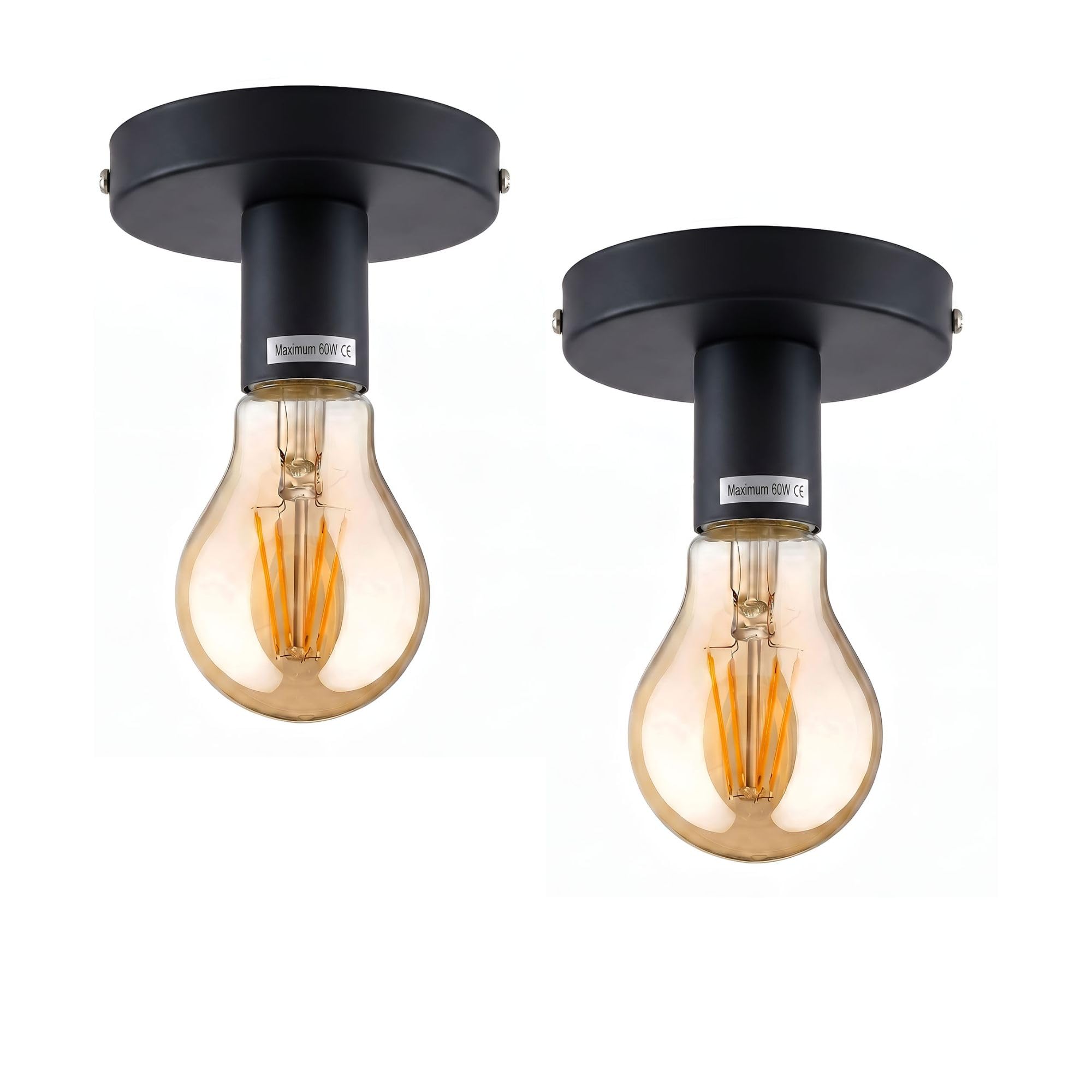 DC VOLTAGE Vintage Ceiling Semi Flush Mount Light Fitting Easy Fit E27 Metal Ceiling Fitting for Living Room Kid Room Lounge Decorative (Black 2 Pack with Bulb)