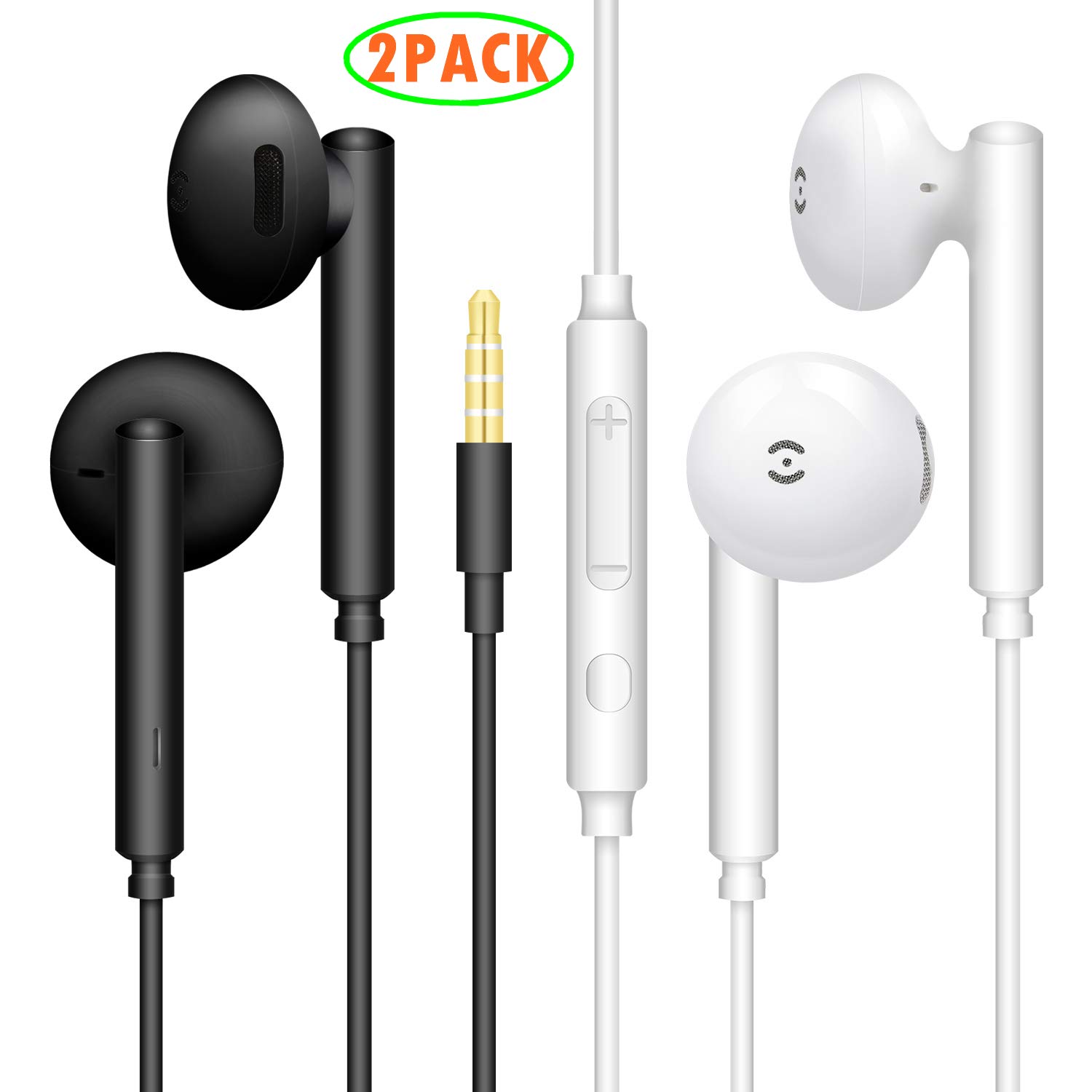 【2 Pack, Black+White】 MAS CARNEY Noise Isolating in Ear Earphones Headphones with Pure Sound and Powerful Bass Compatible with Samsung Huawei Honor Mi with Volume Control and Microphone