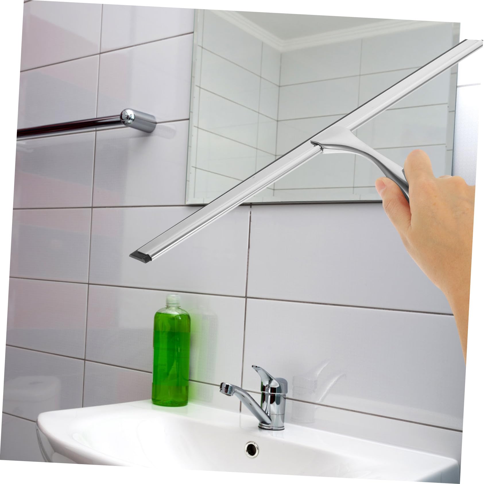 Limpiador de Ducha Gancho Adhesivo de Acero Inoxidable de 14 Pulgadas | Silicona, Acabado Plata, para Espejo y Azulejo, Almacenamiento Fácil, Baño y Lavandería