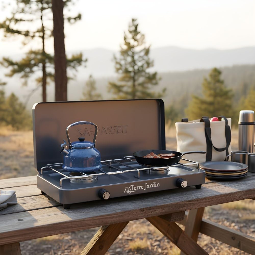 TERRE JARDIN Réchaud de Camping 2 Feux à Gaz - Gazinière Portable avec Couvercle - Plaque de Cuisson Double Brûleur pour Camping, Bivouac et Extérieur