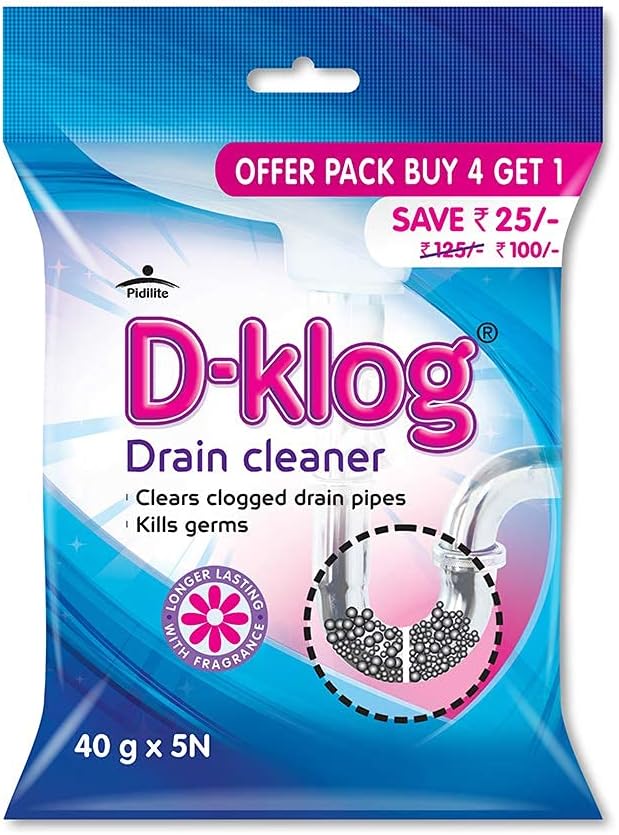 D-Klog Drain Cleaner Powder (40g x 5N), Removes Clogs, Blockages in Washbasin, Sinks, Pipes within 30 Minutes, No Manual Hassle with Drain spring pipe, Plunger, Drain Stick, Cleaning Hook