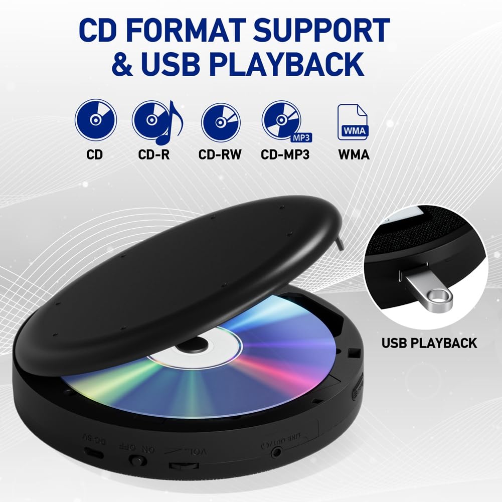 Reproductor de CD Discman Multifuncional con Bluetooth, FM, Auriculares, Repetidor, Máquina de Aprendizaje y Altavoz Estéreo USB Negro.
