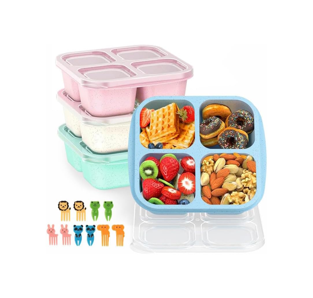 Bento Snack Boxes 4 Pack, Reusable Bento Boxes Kids with 4 Compartments & Fork, Lunch Snack Containers for Kids Adults, Divided Food Storage Containers for School Work Travel