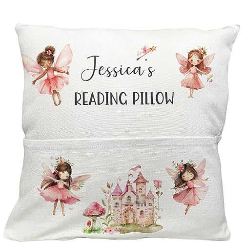 Image of Personalised Magical Fairy Kids Reading Pillow, White Soft Nursery Pocket Cushion, Mushroom flower fairies Design bedtime stoyr item, Book Pocket, Birthday gift