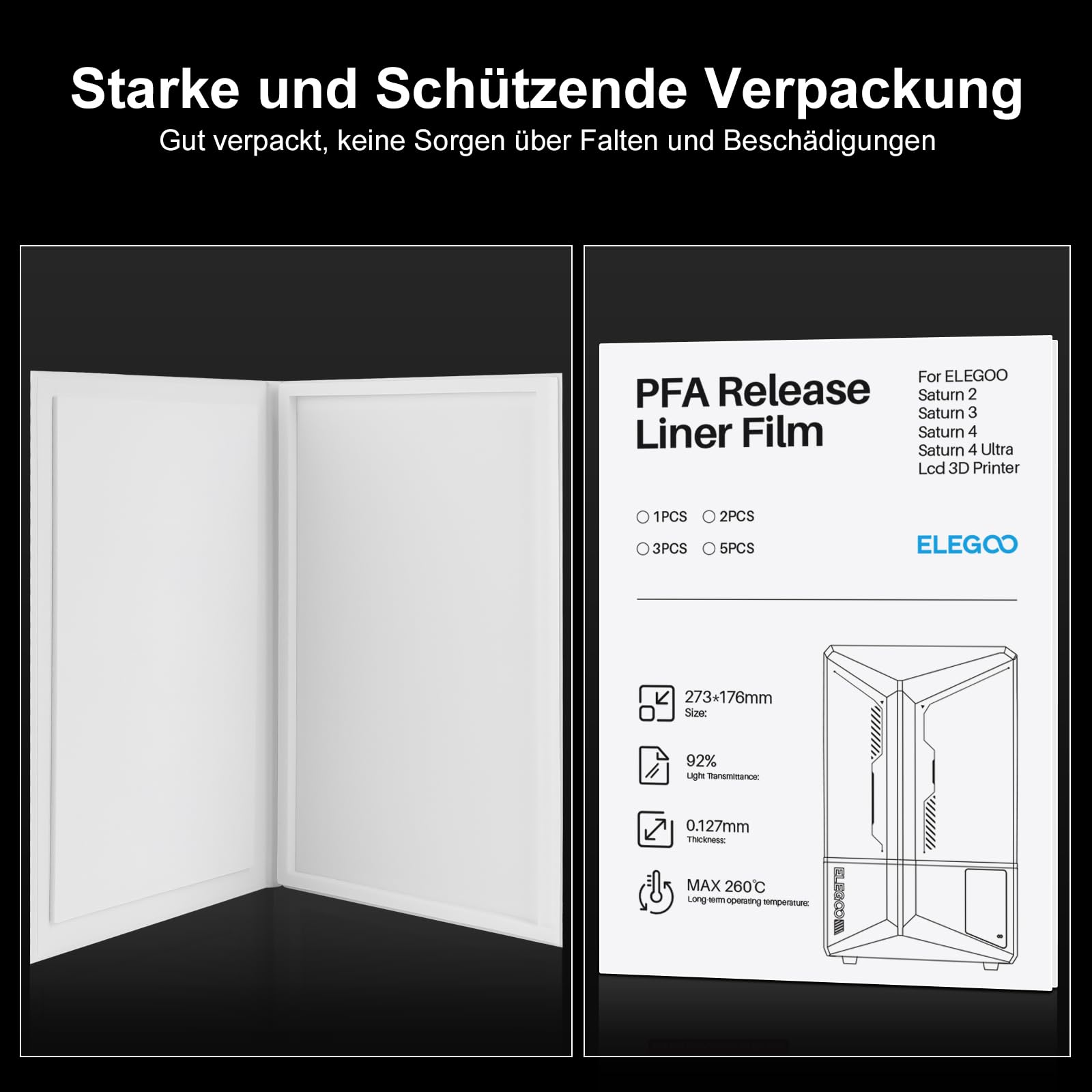ELEGOO 5 szt. PFA Release Film akcesoria do drukarki 3D, części zamienne do drukarek żywicznych 3D ELEGOO Saturn 2/Saturn 3/Saturn 4 Ultra 273 x 176 mm x 0,127 mm