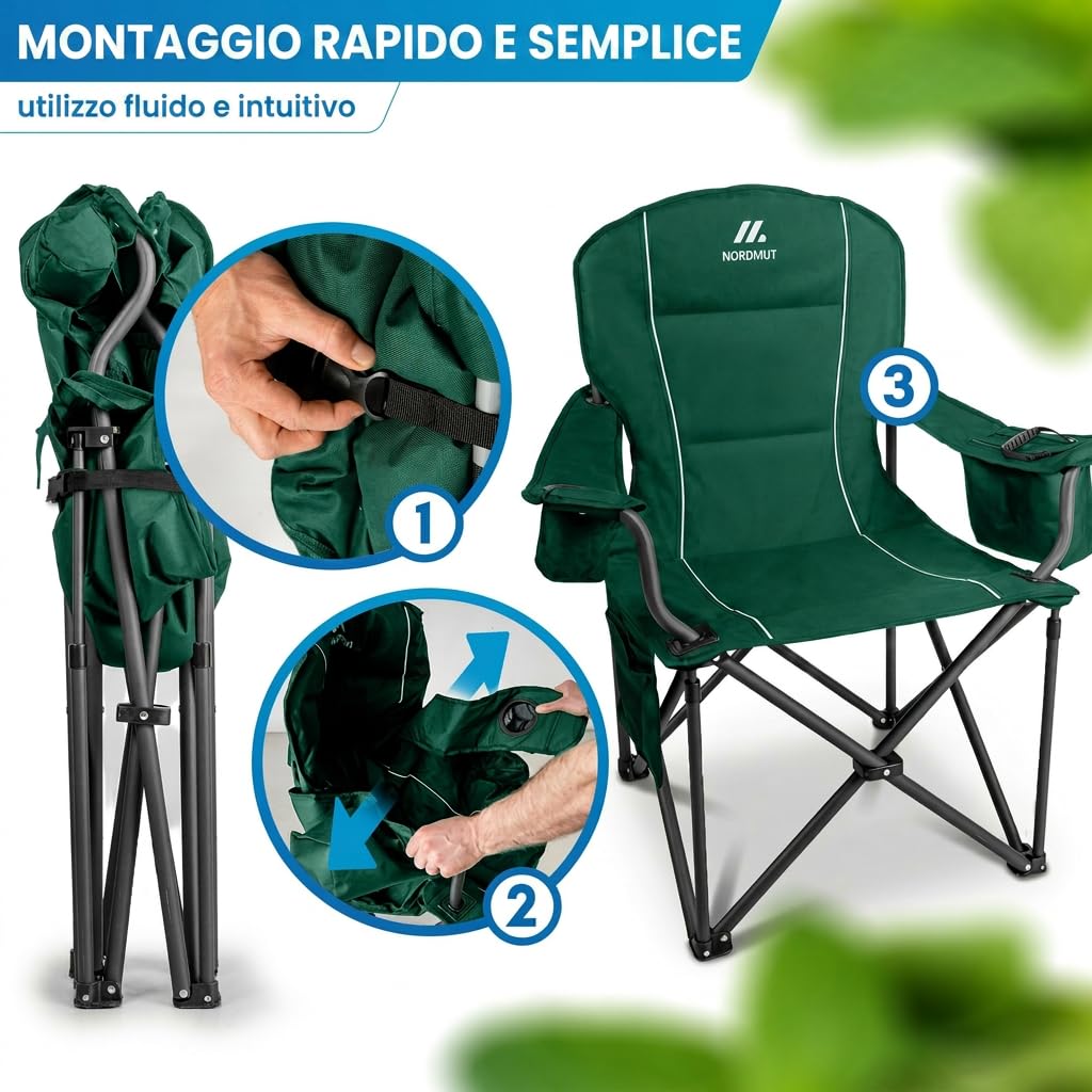 NORDMUT® Sedia da campeggio pieghevole leggera – stabile con portata 200 kg – Comoda sedia da pesca con pratica borsa frigo e portabicchieri (Verde 1x)