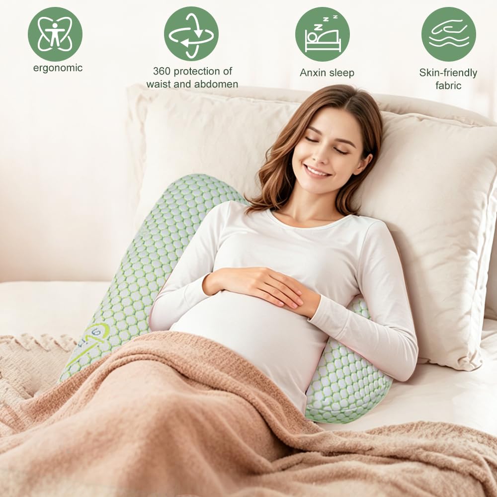 Schwangerschaftskissen Einstellbar, Schwangerschaftskissen zum Schlafen, Memory Foam Schwangerschaftskissens für Bauch, Rücken, Verstellbares und Tragbares Körperkissen für Seitenschläfer (Grün)