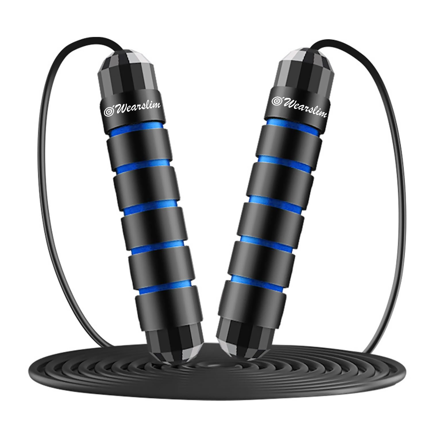 Wearslim Professional Skipping Rope for Men & Women with Ball Bearings Rapid Speed weighted Jump Rope Cable & 6” Memory Foam Handles Tangle-Free Jumping Rope for Kids - Black & Blue