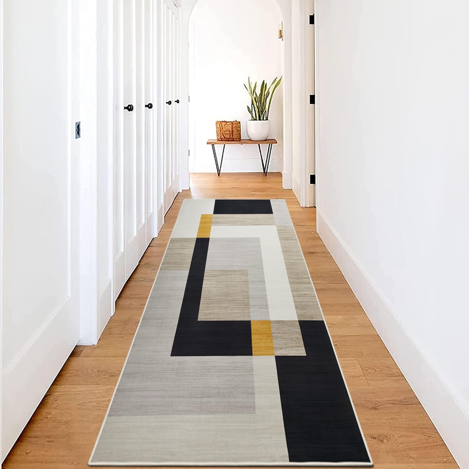 Hafaa Carpet Runners for Hallway Non-Slip 80 x 150 cm - Geometric Pattern Printed Design Bedroom Black and Yellow Bedside Carpets for Kitchen, Lounge (Milo)