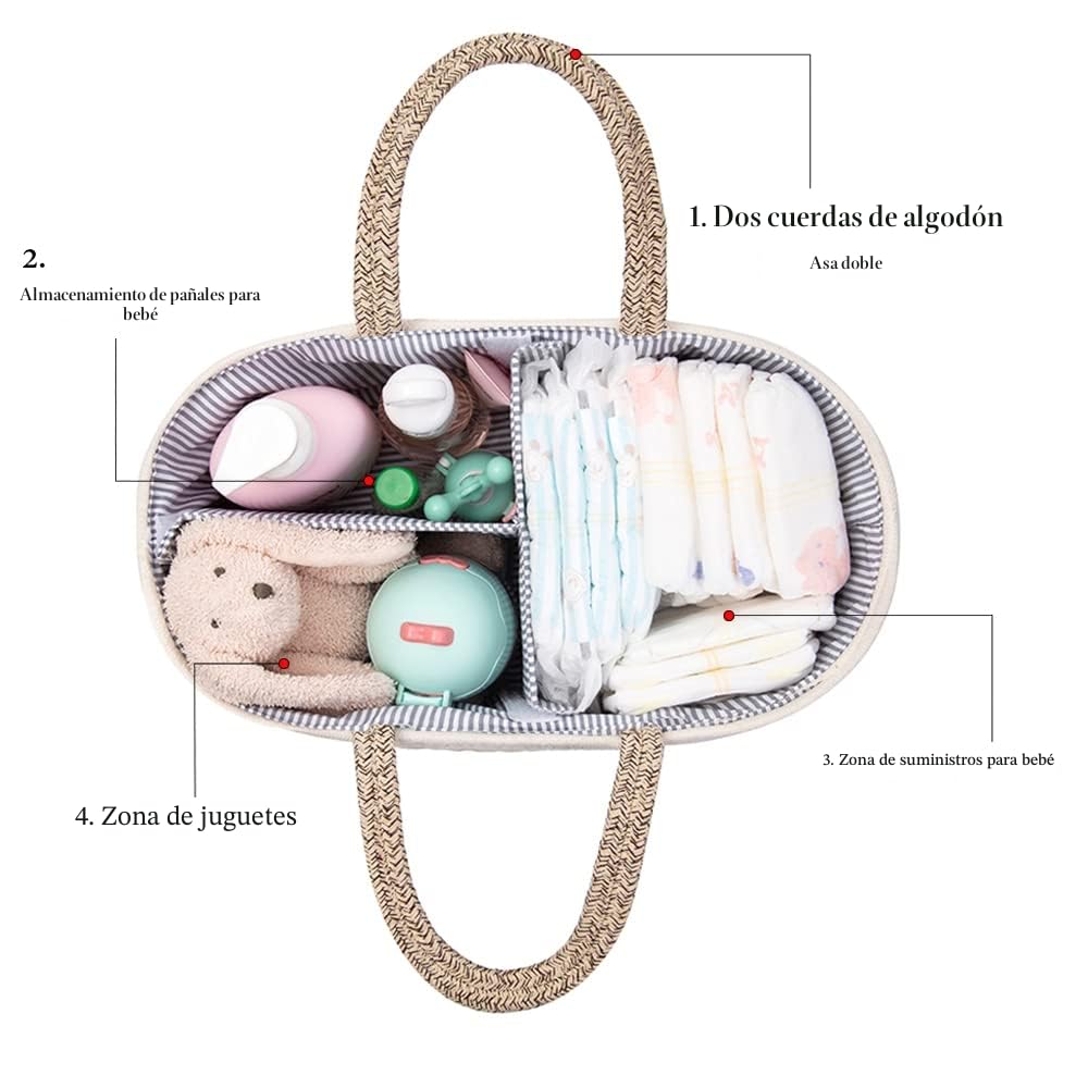 Organizador de carrito de pañales para bebés, canasta de almacenamiento portátil de pañales tejidos con cuerda de algodón con compartimentos intercambiables, regalo para recién nacidos (amarillo)