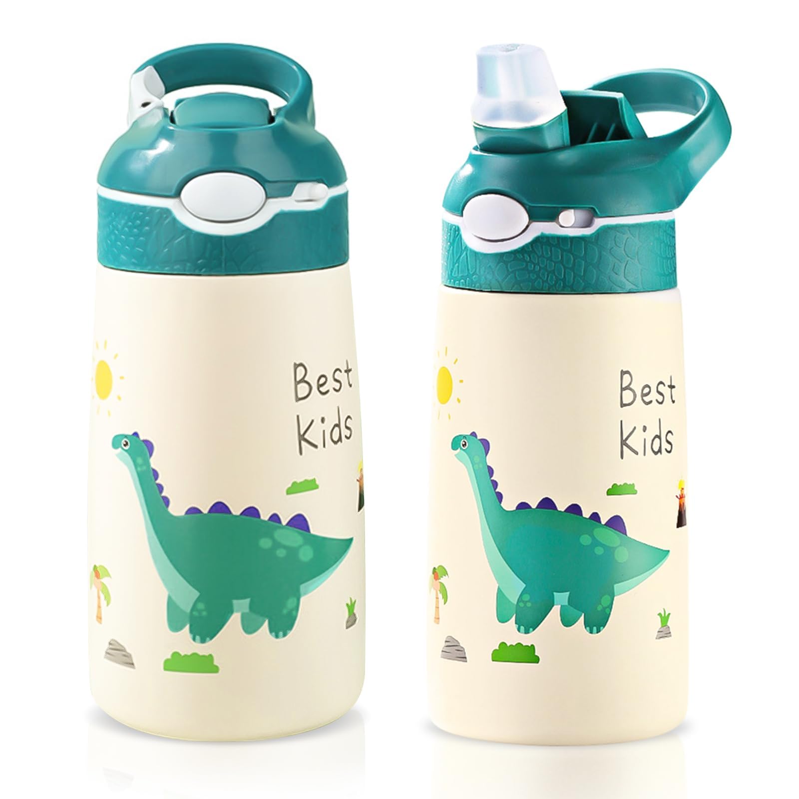 NAWOKEENY 400ml Kids Water Bottles with Straw, Dinosaur Stainless Steel Water Bottle for School, Vacuum Insulated, BPA-Free, Leak-proof, Double-Walled, Metal Drink Bottle, Can Keep Cold or Hot (Green)