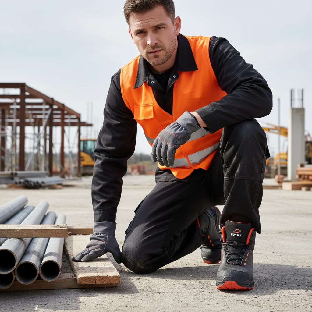 BWOLF Falcon HI S3S męskie buty robocze – czarna gładka skóra, aluminiowy nosek, podeszwa środkowa kevlar, ochrona ESD