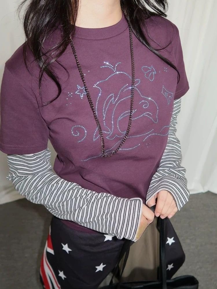 Y2k Flower Long Sleeve Tshirt Teen Girl 2000s Fake Two Piece Cute Striped Graphic Tee Alt Emo Grunge Tops Streetwear - Image 4