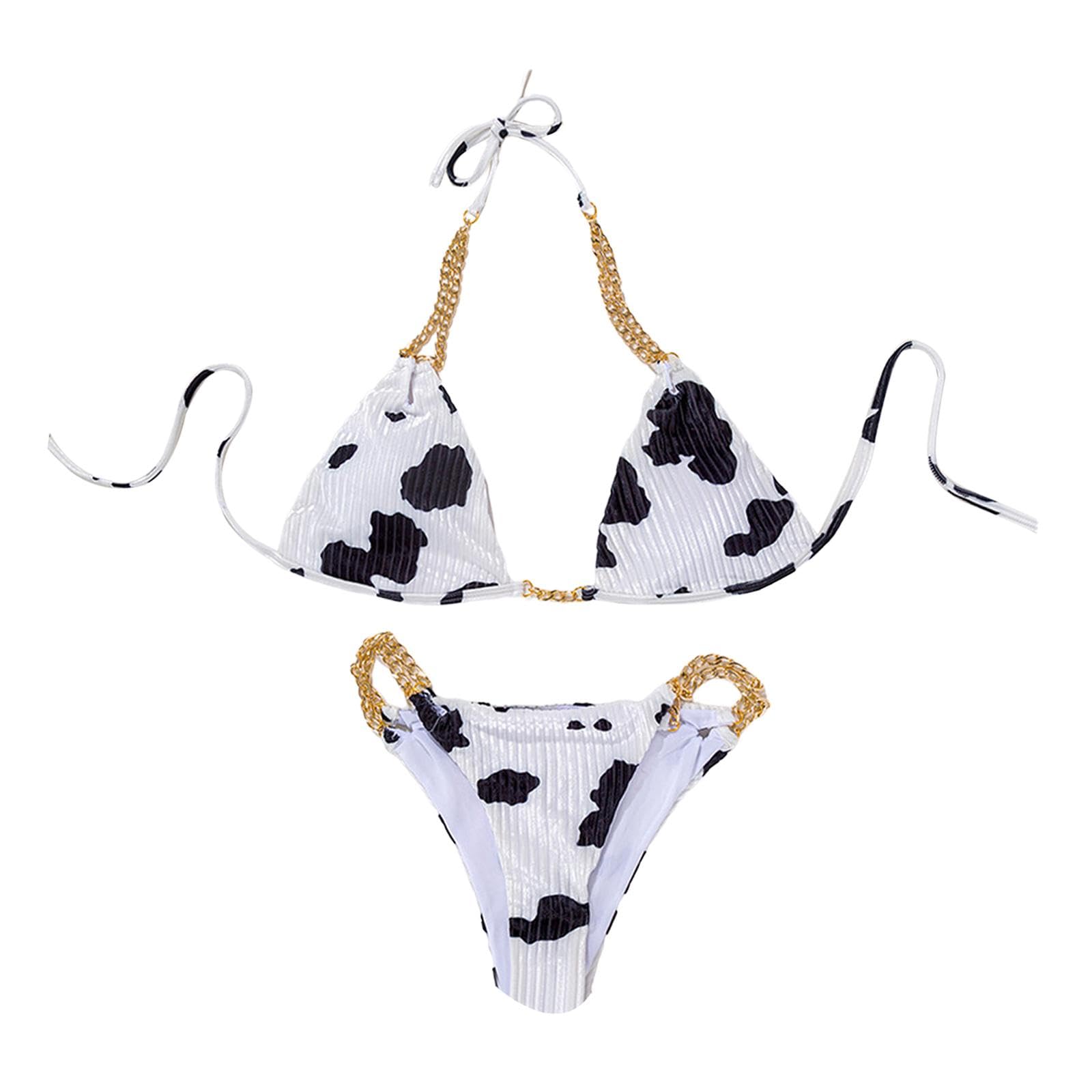 Women Bikini Set Black White Print Chain Tie Backless Bathing Suit | Womens Clothing | Swimwear-image-12