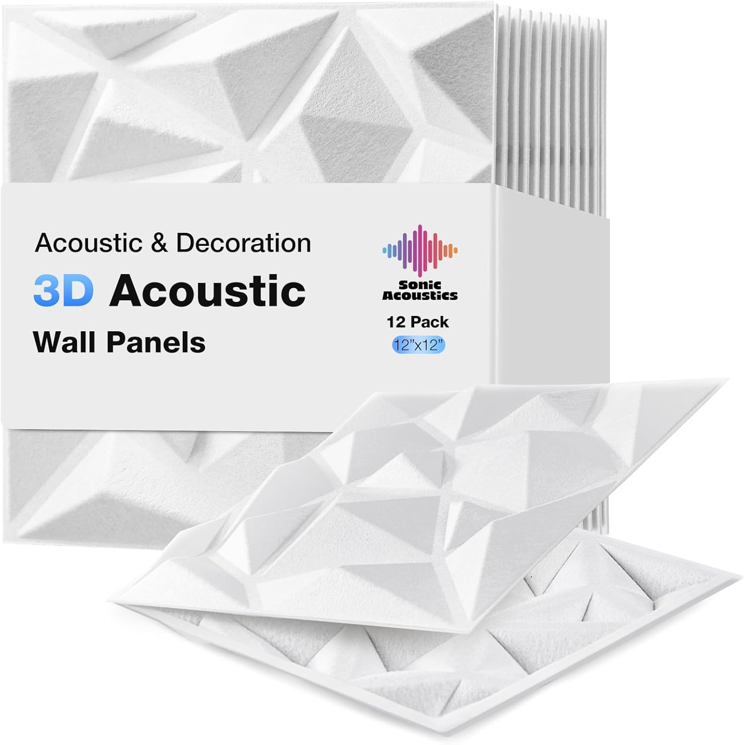 Acoustic 3D Wall Panels, 12 Pack Square Sound Proof Panels for Interior Wall Décor, Hollow Sound Absorbing Panel for Studio, Living Room, Home, Hotel, 12''x12'' Cover 12 sq ft, Thin style, White
