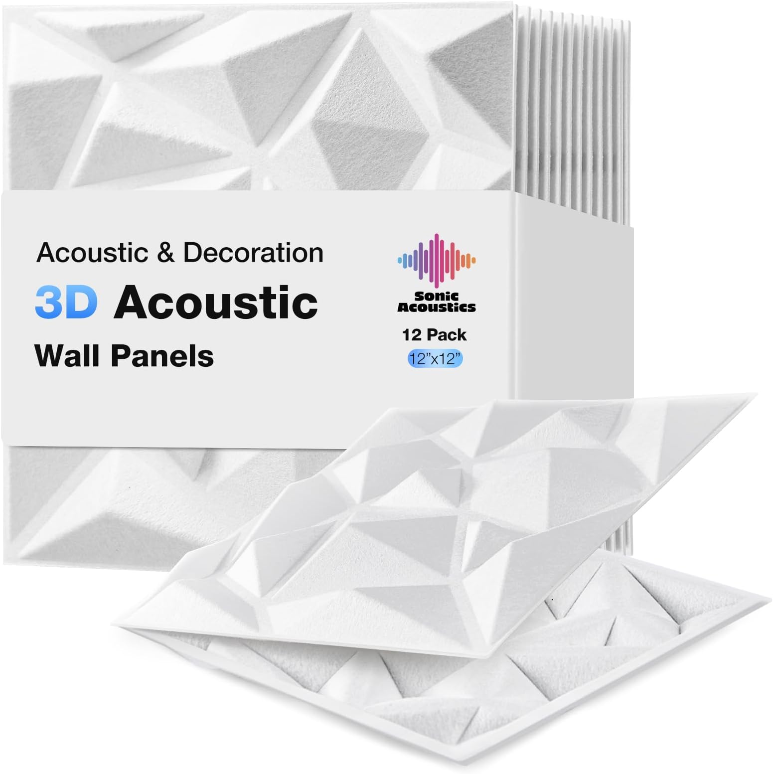 Acoustic 3D Wall Panels, 12 Pack Square Sound Proof Panels for Interior Wall Dรฉcor, Hollow Sound Absorbing Panel for Studio, Living Room, Home, Hotel, 12''x12'' Cover 12 sq ft, Thin style, White