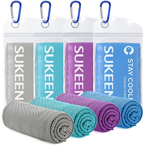 Sukeen Cooling Towel 4 Pack Fitness (100 x 30cm), Gym Quick Dry Ice Golf Yoga Sports Towels for Neck and Face,Cool Instant, Gray+lake Blue+purple+sky Blue