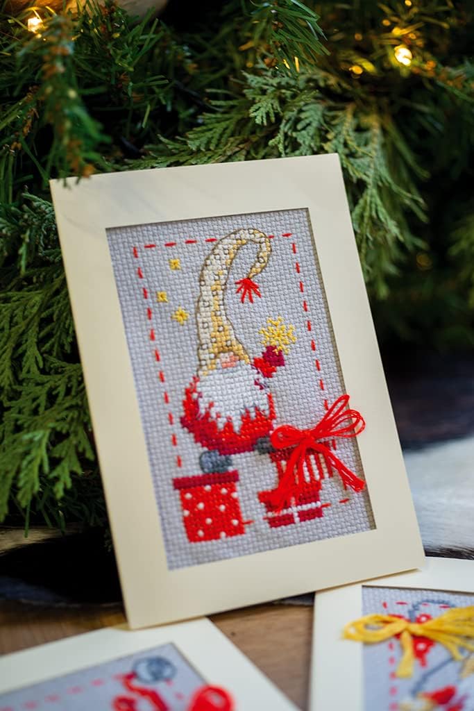 Vervaco Counted Cross Stitch Greeting Card Kit 4.2"X6" 3/Pk-Christmas Gnomes on Aida (14 Count) -V0185078