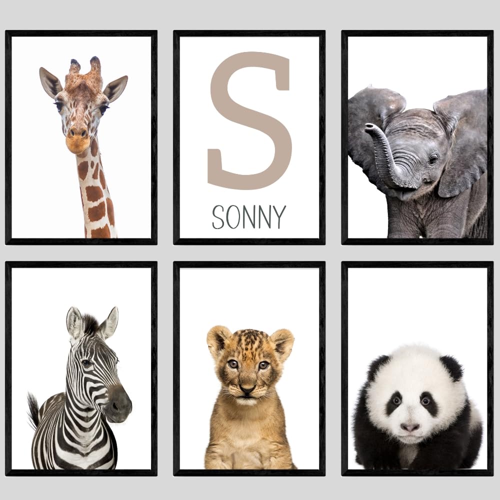Realistic Safari Animals Baby Girl or Boy Nursery Bedroom Set of 6 Unframed Prints, Personalised Name, Nursery Playroom Jungle Wall Art Decor, Giraffe Elephant Lion Zebra Panda Koala (A4) — image 1