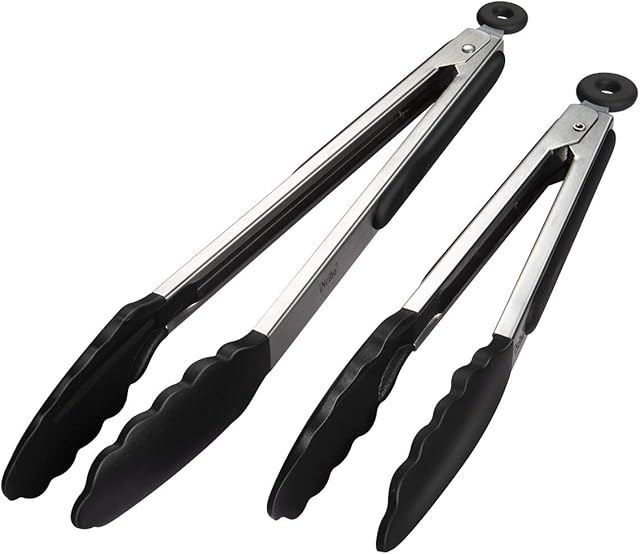 iNeibo Kitchen Tongs - 9'' & 12'' Non-Slip Smart Locking Stainless Steel Cooking Tongs with Silicone Tips for Grilling BBQ Serving Salad Ice (Black)