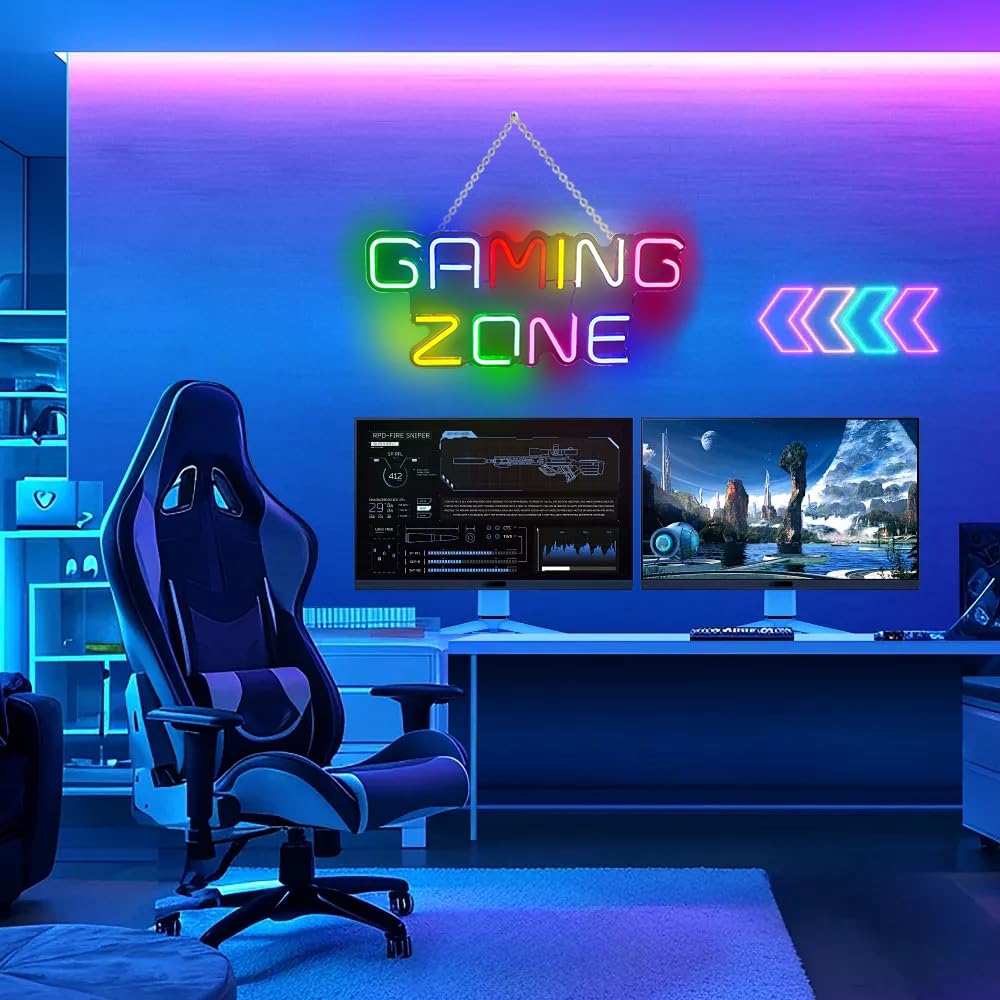 Gaming Zone Enseigne Lumineuse, Neon Gaming avec Interrupteur, Chargement USB Neon Gamer pour Décoration Gaming, Idéale pour Décorer Chambre, Bar, Salle de Jeux, Cadeau Parfait pour les Gamers