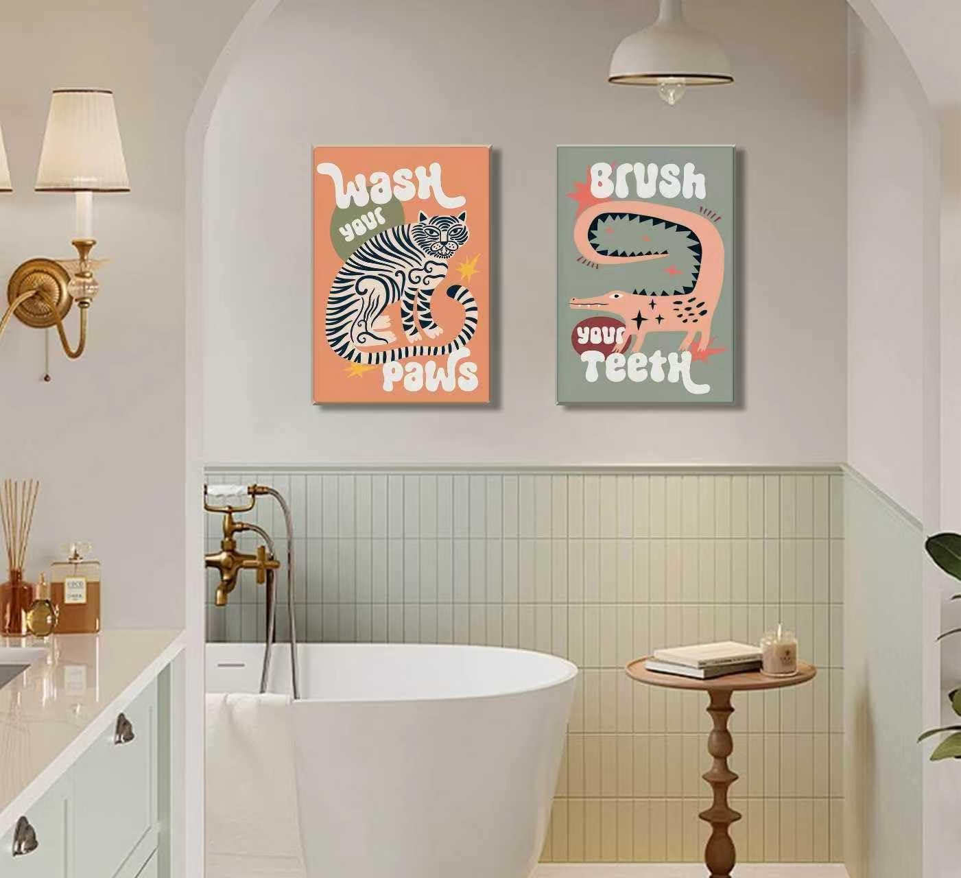 2Pcs Funny Bathroom Animal Framed Canvas Wall Art Tiger Wash Your Paws Bathroom Painting Picture Wall Decor Funky Maximalist Toilet Sign Poster Print Artwork for Toilets and Living Room Home Decoration