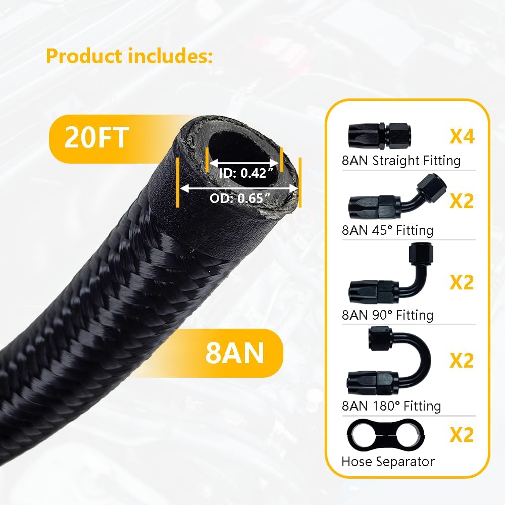 8AN 20FT Fuel Line Kit, Nylon Braided Fuel Line Hose Fitting Kit | Nylon Stainless Steel Braided CPE Fuel Oil Hose w/ 10PCS Swivel Fitting Adapter Black