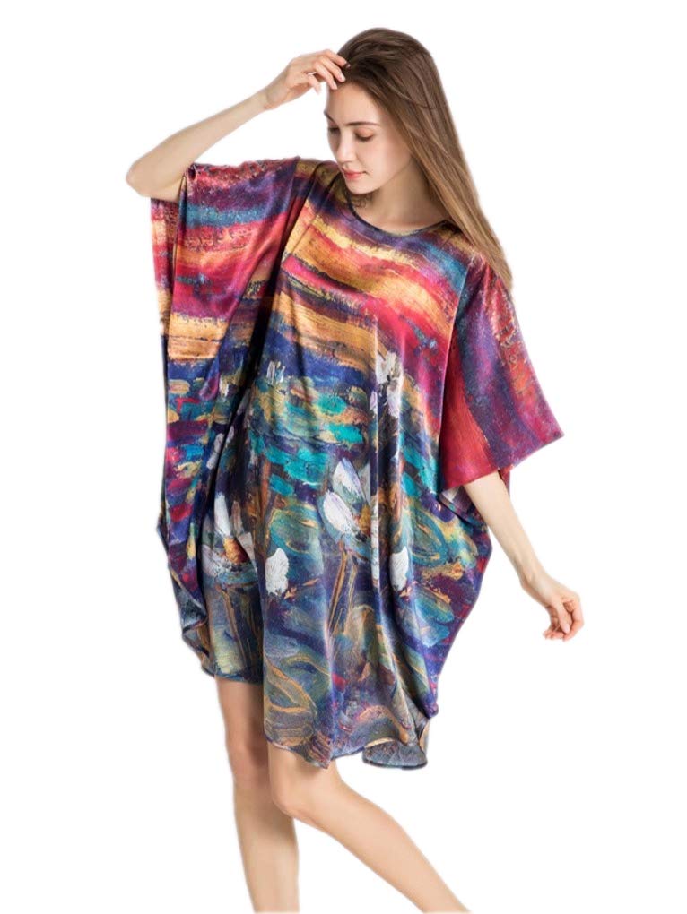 Prettystern Women Silk Long Dress Tunica Night-Gown Nightshirt Night-Dress Claude Monet Water-Lilies