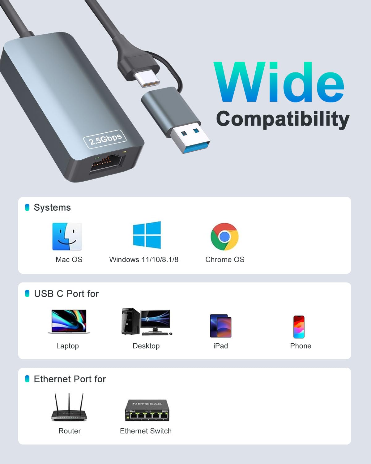 Adaptateur USB Ethernet 2,5 Go, aluminium, Type-C vers RJ45 réseau Internet 2,5 Gbit/s, adaptateur USB C vers Ethernet 2,5 G pour MacBook, iPhone 15/16 Pro Max, XPS, Surface, iPad Pro
