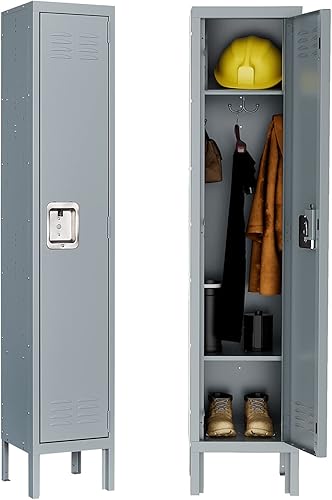 MIIIKO Armario de metal de un solo nivel con 2 estantes, armario de almacenamiento con rejillas de ventilación y ganchos para colgar, para