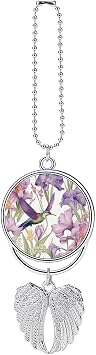 Hummingbirds Irises Flowers Car Hanging Pendant - Angel Wings Car Rear View Mirror Charm - Metal Hanging Accessory for Women & Men, Sun Catcher Pendent, Decoration Cars Pendant Jewelry Gift Silver