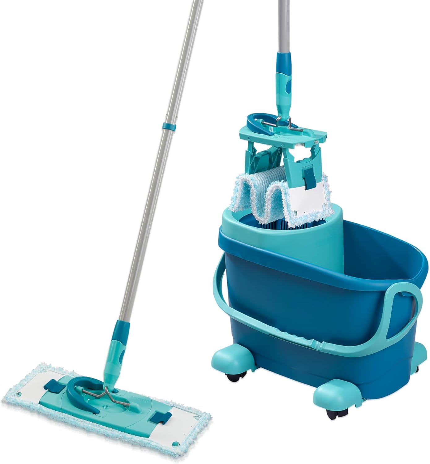 Leifheit Set CLEAN Twist M Flachwischer Ergo 2.0 mit Rollen, Bodenwischer mit Supersoft Bezug für nebelfeuchte Reinigung auf Parkett, Laminat und Echtholz, Mop mit Schleudertechnologie