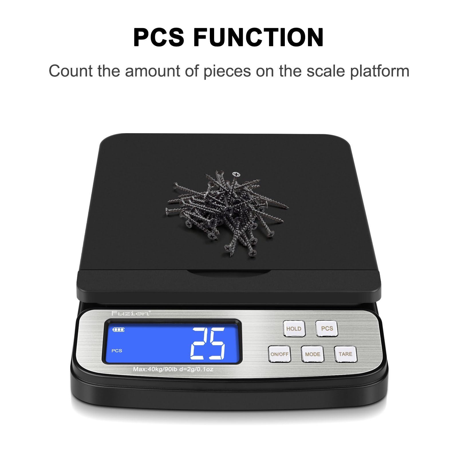 Fuzion Báscula de envío, báscula postal digital precisa de 88 libras/1 onza con función de retención y tara, báscula de envío para paquetes y correo, pantalla LCD, batería