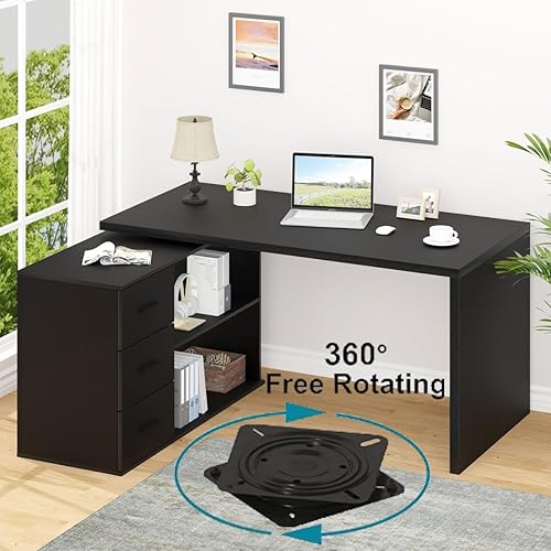 Miniatura 9 de HSH Escritorio negro en forma de L con estantes de cajones, escritorio giratorio de 360 grados para oficina en casa en forma de L con gabinete de