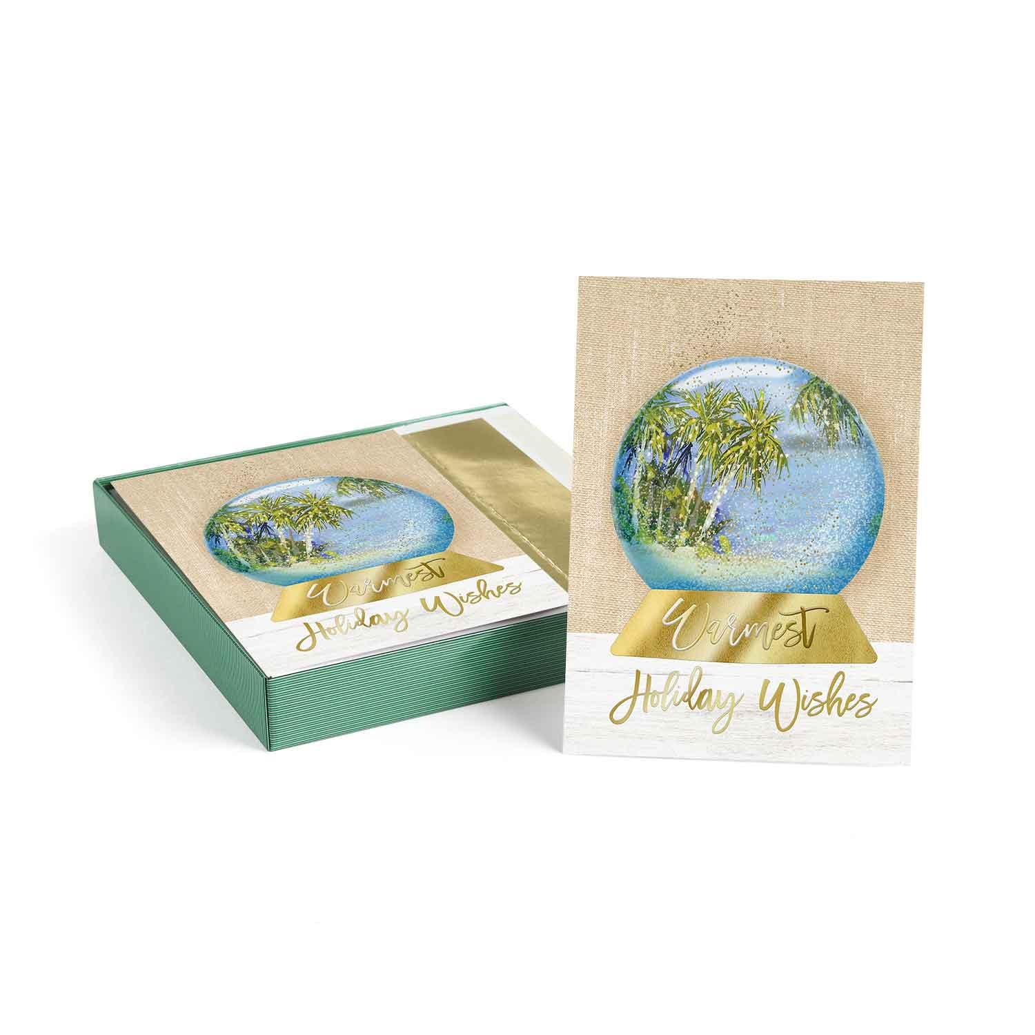 Masterpiece Palm Tree Snow Globe Christmas Cards / 16 Boxed Tropical Beach Holiday Card Set With Coordinating Gold Foil Lined Envelopes / 5 5/8" x 7 7