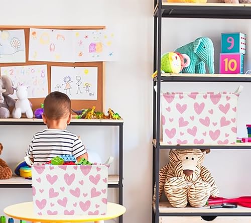 Miniatura 3 de Cesta de almacenamiento rectangular de tela con forma de corazón rosa, caja de juguetes y libros, bonito baúl de almacenamiento, decoración de