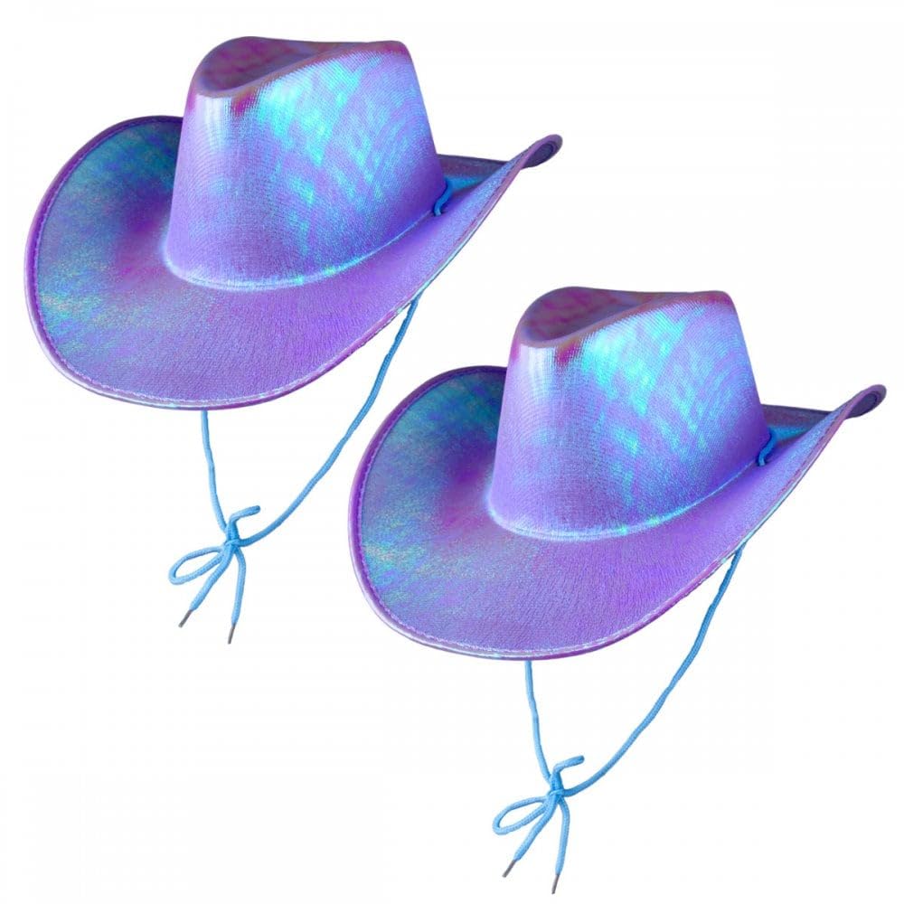 2 Pack Cowgirl Hats (Multiple Options) : Adult Ladies Womens Western Wild West Hen Night Music Festival Barn Dance Rodeo Fancy Dress Cowboy Costume Accessories (Iridescent, Lavender,Lavender)