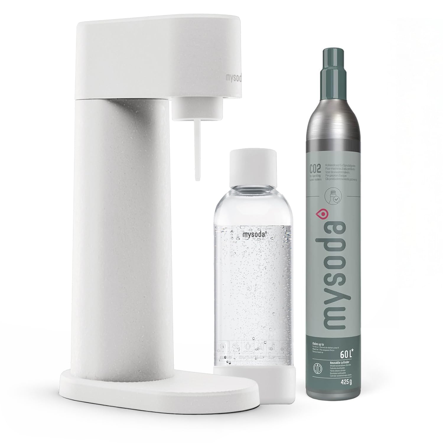 Mysoda: Woody Set - Wassersprudler aus erneuerbarem Holzkomposit mit 1L Quick-Lock BPA-freier Plastikflasche und CO2-Zylinder - Weiß