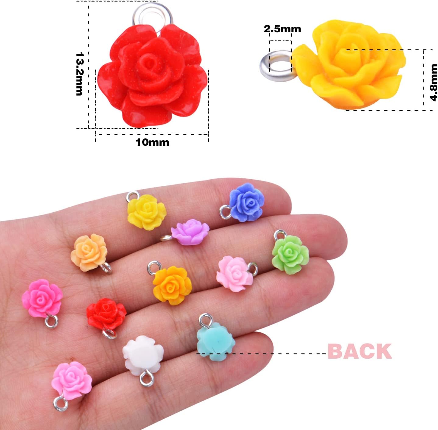 50pcs 10 mm Mixed Colors Resin Rose Flower Pendant Charms Lovely Flower Bead Charms Jewelry Making Accessories for DIY Craft Earrings Necklace Bracelet Birthday Party Favor Gifts - Image 3