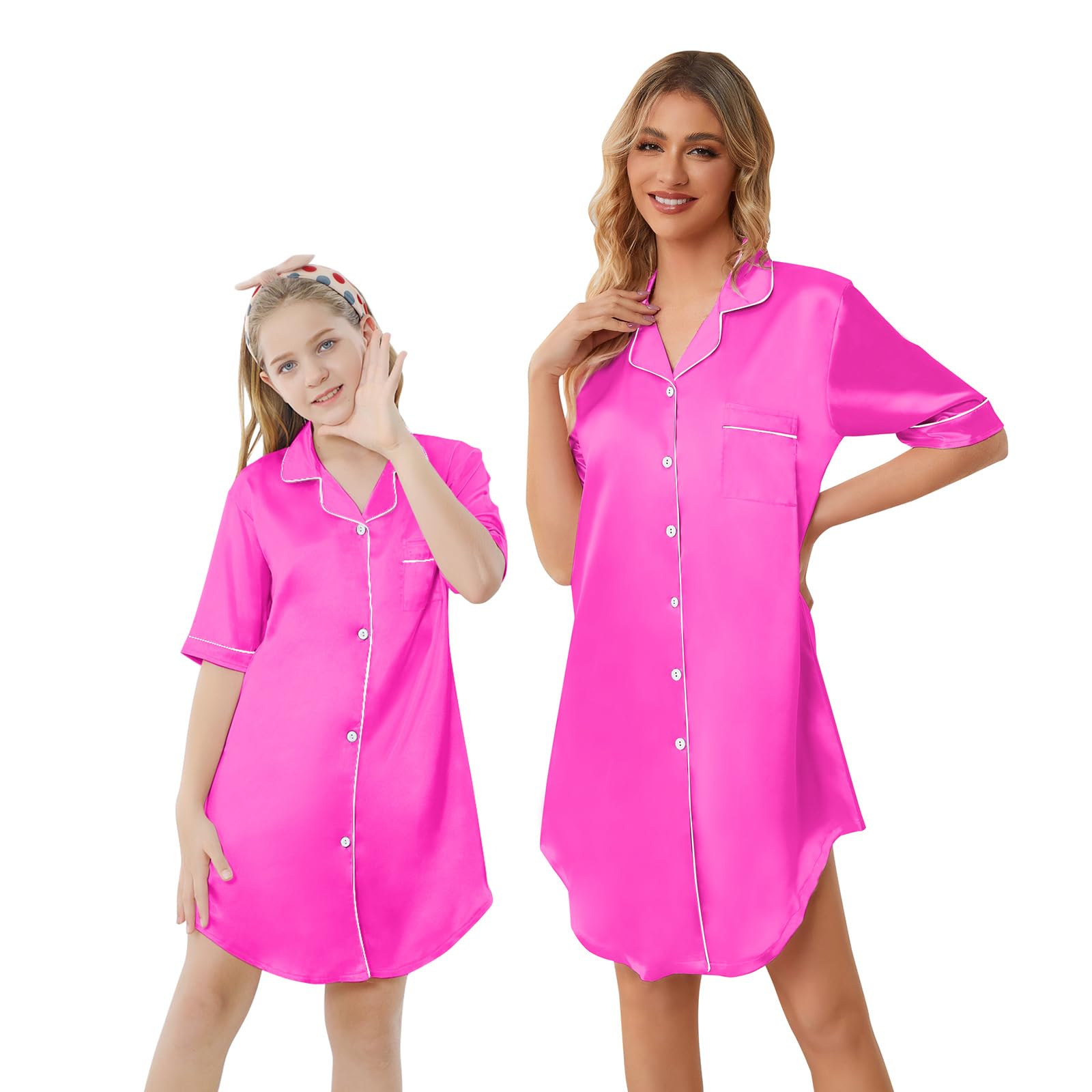 Schbbbta Girls &amp; Women Silk Nightgown, Short Sleeve Button Down Satin Nightshirt Pajama House Dress, 3 Years- Women 2XL
