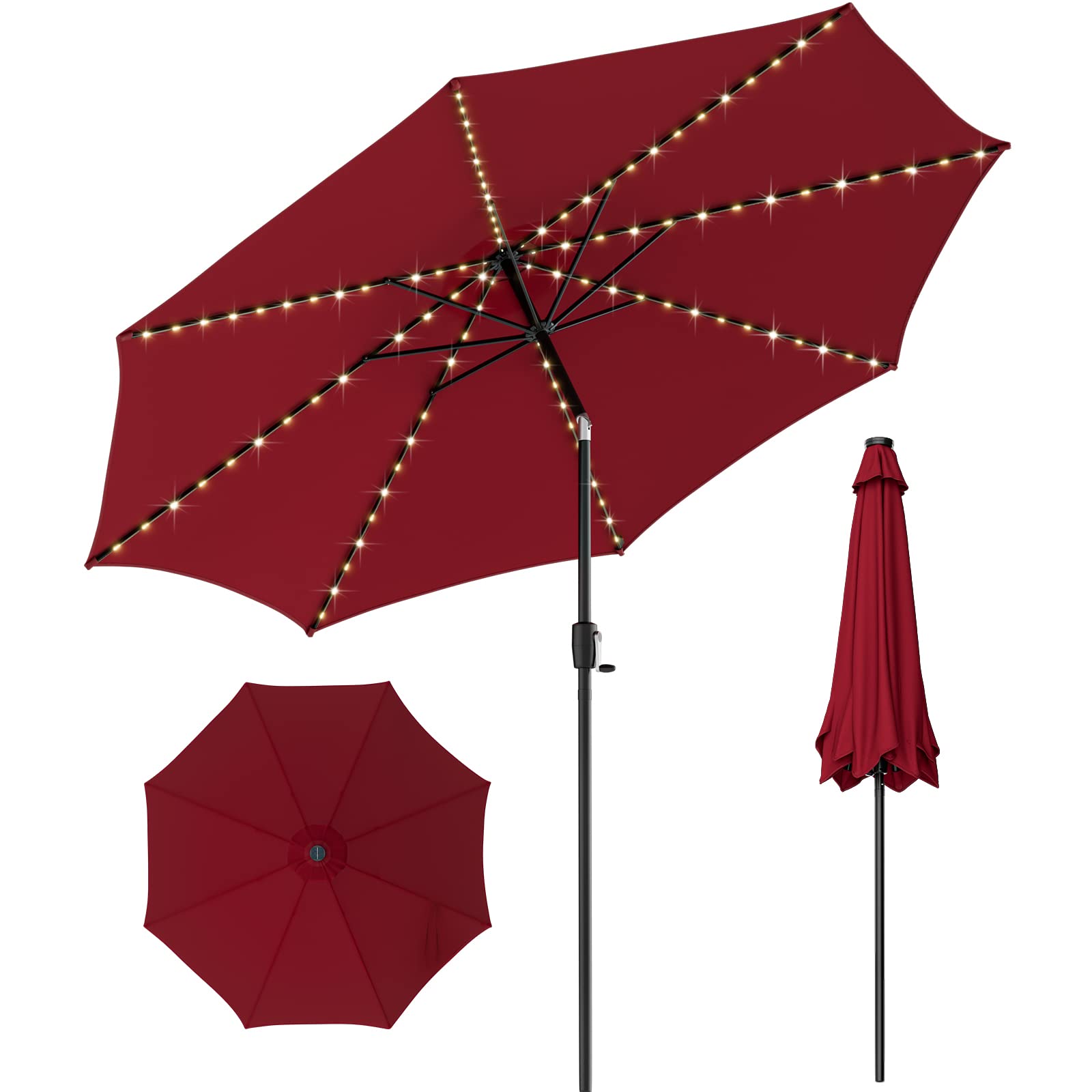 Giantex 10 ft Patio Umbrella with 112 Solar Meteor Shower Lights, Outdoor Table Market Umbrellas with 8 Ribs, Tilt Adjustment, Crank Handle, for Backyard Garden Lawn Poolside (Burgundy)