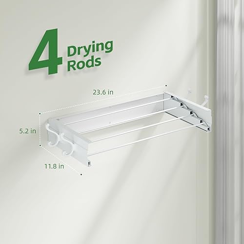 Miniatura 3 de Escurridor de ropa para colgar en la pared de 23.6 pulgadas, estante de secado de ropa plegable con 4 ganchos para toallas y 4 varillas para colgar